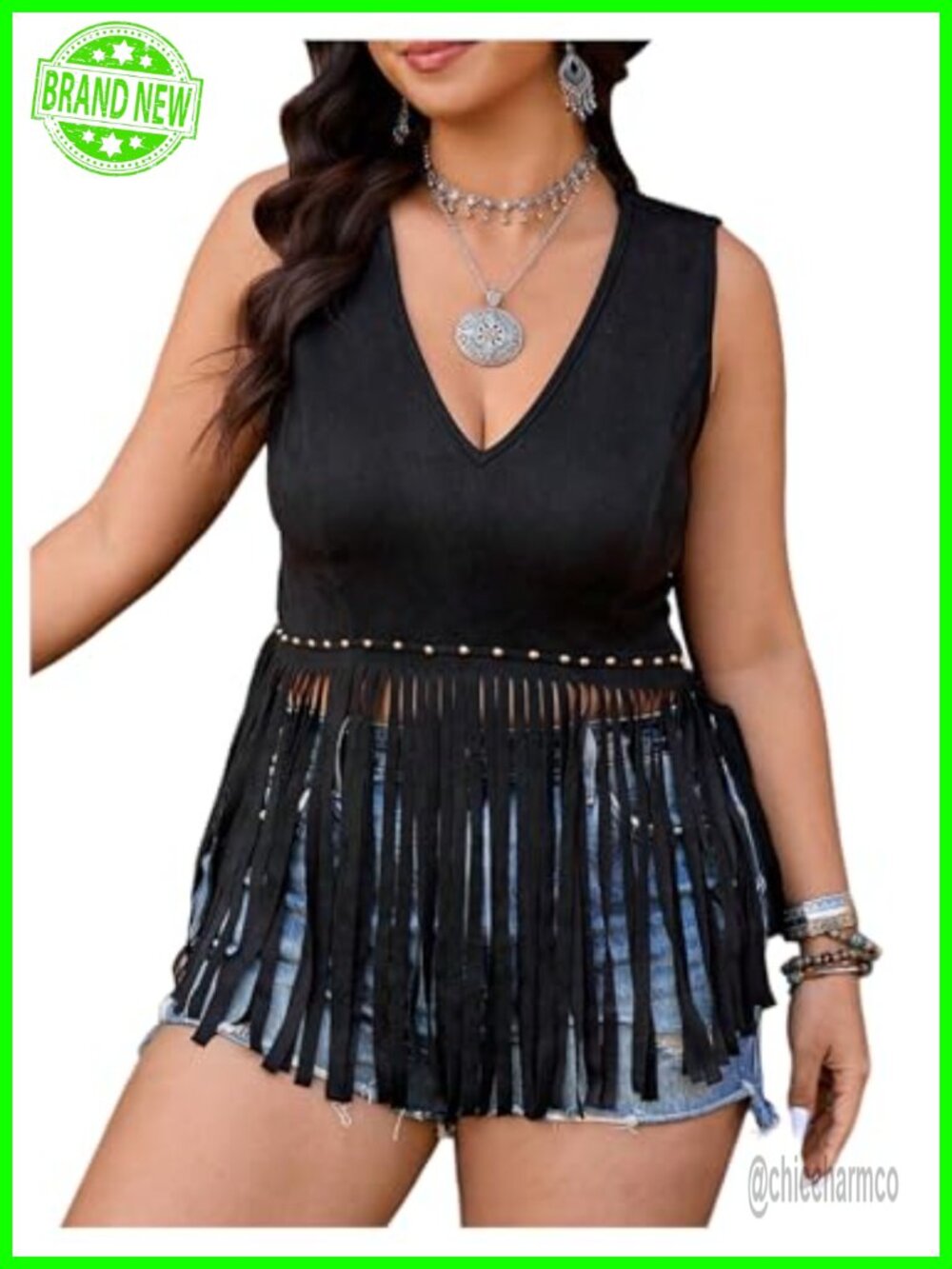 Plus Size Fringe Tank Top Faux Suede Y2K Western Sleeveless V-Neck
